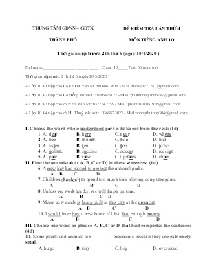 Đề kiểm tra môn Tiếng Anh Lớp 10 - Lần thứ 4 - Năm học 2019-2020 - Trung tâm GDNN-GDTX Thành phố (Kèm đáp án)