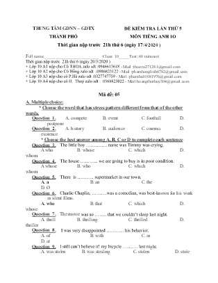Đề kiểm tra môn Tiếng Anh Lớp 10 - Lần thứ 5 - Năm học 2019-2020 - Trung tâm GDNN-GDTX Thành phố (Kèm đáp án)