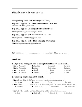 Đề kiểm tra môn Tiếng Anh Lớp 10 - Mã đề: 003 - Năm học 2019-2020 (Kèm đáp án)