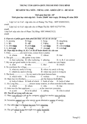 Đề kiểm tra môn Tiếng Anh Lớp 11 - Số 1 - Năm học 2019-2020 - Trung tâm GDNN – GDTX Thành phố Thái Bình (Kèm đáp án)