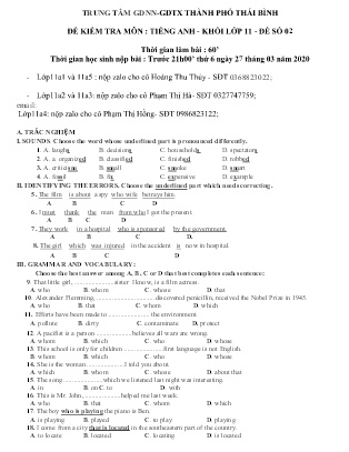 Đề kiểm tra môn Tiếng Anh Lớp 11 - Số 2 - Năm học 2019-2020 - Trung tâm GDNN – GDTX Thành phố Thái Bình (Kèm đáp án)