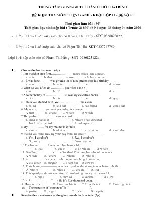 Đề kiểm tra môn Tiếng Anh Lớp 11 - Số 3 - Năm học 2019-2020 - Trung tâm GDNN – GDTX Thành phố Thái Bình (Kèm đáp án)