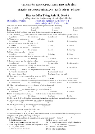 Đề kiểm tra môn Tiếng Anh Lớp 11 - Số 4 - Năm học 2019-2020 - Trung tâm GDNN – GDTX Thành phố Thái Bình