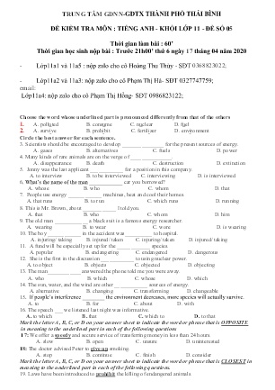 Đề kiểm tra môn Tiếng Anh Lớp 11 - Số 5 - Năm học 2019-2020 - Trung tâm GDNN – GDTX Thành phố Thái Bình