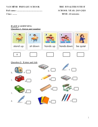 Đề kiểm tra môn Tiếng Anh Lớp 3 - Năm học 2019-2020 - Nam Bình Primary School