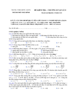 Đề kiểm tra môn Vật lý Lớp 11 - Chương II - Năm học 2019-2020 - Trung tâm GDNN – GDTX Thành phố Thái Bình (Kèm đáp án)