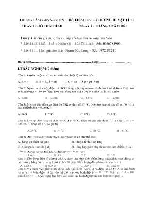 Đề kiểm tra môn Vật lý Lớp 11 - Chương III - Năm học 2019-2020 - Trung tâm GDNN – GDTX Thành phố Thái Bình (Kèm đáp án)