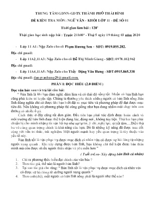 Đề kiểm tra Ngữ Văn Lớp 11 - Đề số 1 - Năm học 2019-2020 - Trung tâm GDNN-GDTX Thành phố Thái Bình (Kèm đáp án)