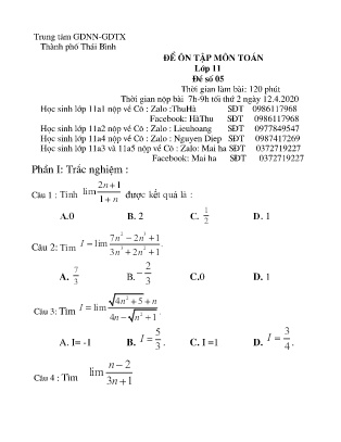 Đề ôn tập kiểm tra môn Toán Lớp 11 - Đề số 5 - Năm học 2019-2020 - Trung tâm GDNN-GDTX Thái Bình