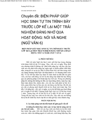 Chuyên đề Biện pháp giúp học sinh tự tin trình bày trước lớp kể lại một trải nghiệm đáng nhớ qua hoạt động: Nói và nghe - Ngữ văn 6