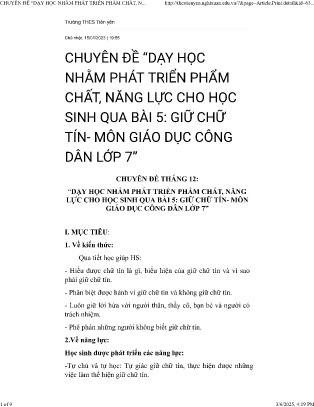 Chuyên đề Dạy học nhằm phát triển phẩm chất, năng lực cho học sinh qua Bài 5: Giữ chữ tín - Môn Giáo dục công dân Lớp 7