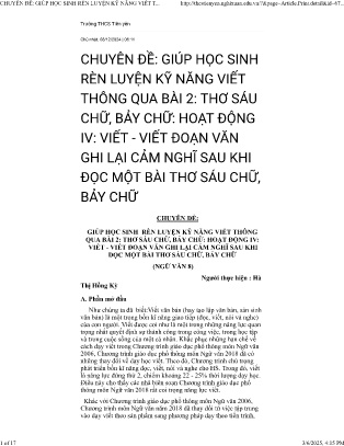 Chuyên đề Giúp học sinh rèn luyện kỹ năng viết thông qua Bài 2: Thơ sáu chữ, bảy chữ. Hoạt động IV: Viết, viết đoạn văn ghi lại cảm nghĩ sau khi đọc một bài thơ sáu chữ, bảy chữ