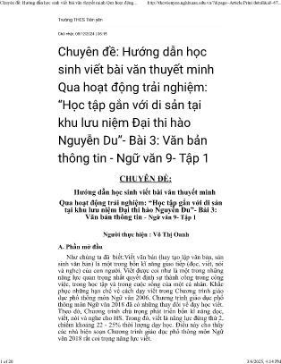 Chuyên đề Hướng dẫn học sinh viết bài văn thuyết minh Qua hoạt động trải nghiệm Học tập gắn với di sản tại khu lưu niệm Đại thi hào Nguyễn Du - Bài 3: Văn bản thông tin - Ngữ văn 9 - Tập 1