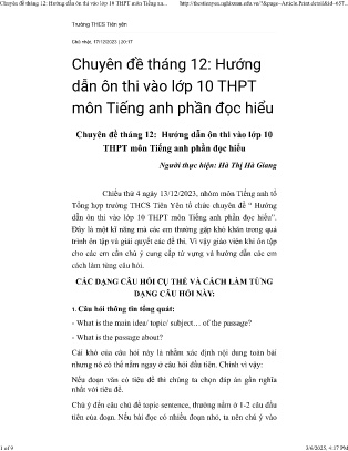 Chuyên đề Hướng dẫn ôn thi vào Lớp 10 THPT môn Tiếng Anh phần đọc hiểu