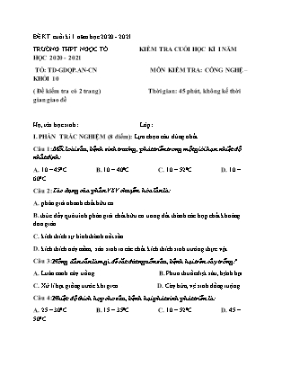 Đề kiểm tra cuối học kỳ I môn Công nghê Lớp 10 - Năm học 2020-2021 - Trường THPT Ngọc Tố