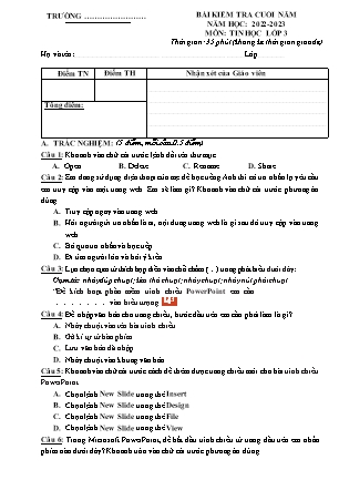 Đề kiểm tra cuối năm môn Tin học Lớp 3 - Năm học 2022-2023