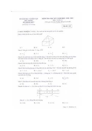 Đề kiểm tra học kỳ I môn Toán Lớp 12 - Năm học 2020-2021 - Sở GD&ĐT Sóc Trăng