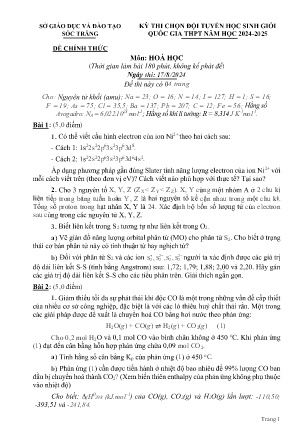 Đề thi chọn Đội tuyển Học sinh giỏi Quốc gia THPT môn Hóa học năm học 2024-2025 - Ngày thi 17/08 - Sở GD&ĐT Sóc Trăng (Có đáp án)