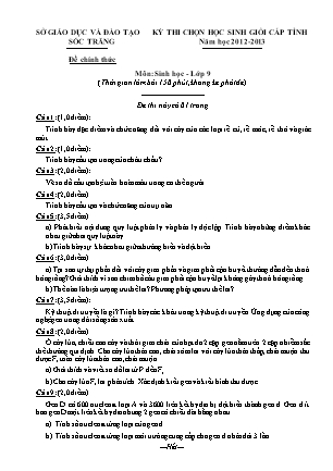 Đề thi chọn Học sinh giỏi cấp Tỉnh môn Sinh học Lớp 9 - Năm học 2012-2013 - Sở GD&ĐT Sóc Trăng (Có đáp án)