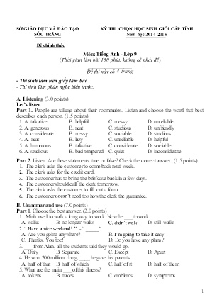 Đề thi chọn Học sinh giỏi cấp Tỉnh môn Tiếng Anh Lớp 9 - Năm học 2014-2015 - Sở GD&ĐT Sóc Trăng (Có đáp án)