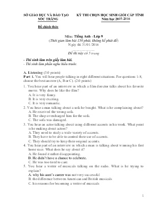 Đề thi chọn Học sinh giỏi cấp Tỉnh môn Tiếng Anh Lớp 9 - Năm học 2015-2016 - Sở GD&ĐT Sóc Trăng (Kèm file nghe)