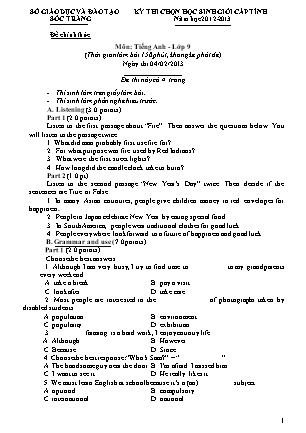 Đề thi chọn Học sinh giỏi cấp Tỉnh môn Tiếng Anh Lớp 9 - Năm học 2012-2013 - Sở GD&ĐT Sóc Trăng (Có đáp án)