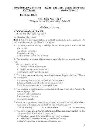 Đề thi chọn Học sinh giỏi cấp Tỉnh môn Tiếng Anh Lớp 9 - Năm học 2016-2017 - Sở GD&ĐT Sóc Trăng (Kèm file nghe)
