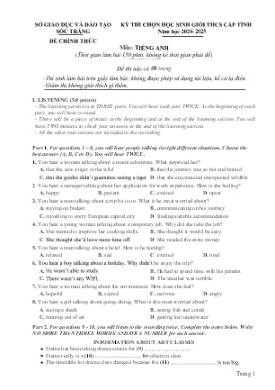 Đề thi chọn Học sinh giỏi THCS cấp Tỉnh môn Tiếng Anh - Năm học 2024-2025 - Sở GD&ĐT Sóc Trăng