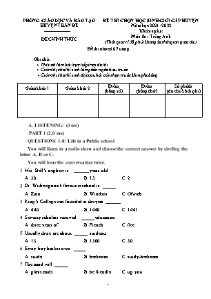 Đề thi Học sinh giỏi cấp Huyện môn Tiếng Anh Lớp 9 - Năm học 2021-2022 - PGD&ĐT huyện Trấn Đề (Có đáp án + File nghe)