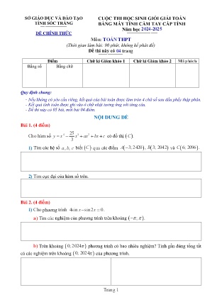 Đề thi Học sinh giỏi giải Toán bằng máy tính cầm tay cấp Tỉnh năm học 2024-2025 - Sở GD&ĐT tỉnh Sóc Trăng (Có đáp án)