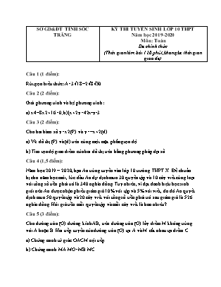 Đề thi tuyển sinh Lớp 10 THPT năm học 2019-2020 môn Toán - Sở GD&ĐT tỉnh Sóc Trăng (Có đáp án)