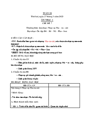 Giáo án Âm nhạc Lớp 1 - Tuần 28 - Thường thức âm nhạc Ma-ra-cát. Đọc nhạc Ôn tập Đô-Rê-Mi-Pha-Son - Nguyễn Thị Yến