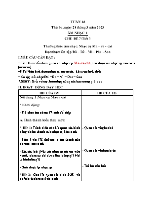 Giáo án Âm nhạc Lớp 1 - Tuần 28 - Thường thức âm nhạc Nhạc cụ Ma-ra-cát. Đọc nhạc Ôn tập Đô – Rê – Mi – Pha - Son - Năm học 2022-2023 - Trần Thị Tuyết Như