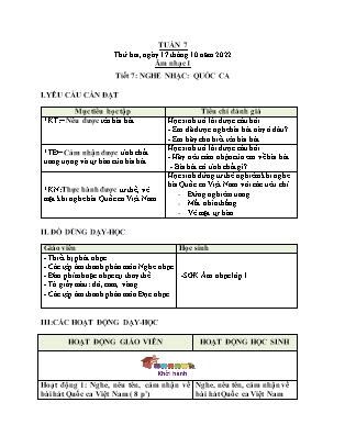 Giáo án Âm nhạc Lớp 1 - Tuần 7 - Tiết 7: Nghe nhạc Quốc ca - Trần Thị Quế Hương