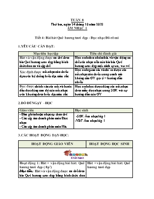 Giáo án Âm nhạc Lớp 1 - Tuần 8 - Tiết 4: Bài hát Quê hương tươi đẹp. Đọc nhạc Đô-rê-mi - Trần Thị Quế Hương