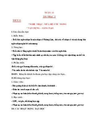 Giáo án Âm nhạc Lớp 2 (Kết nối tri thức) - Tuần 33 - Tiết 33: Nghe nhạc Mùa hè ước mong. Vận dụng, sáng tạo - Nguyễn Thị Hương Giang