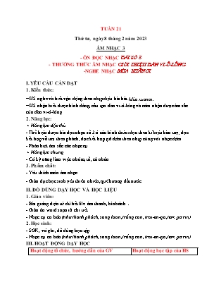 Giáo án Âm nhạc Lớp 3 (Kết nối tri thức) - Tuần 21 - Ôn đọc nhạc Bài số 3. Thường thức âm nhạc Giới thiệu đàn Vi-ô-lông. Nghe nhạc Mùa xuân ơi - Trần Thị Tuyết Như