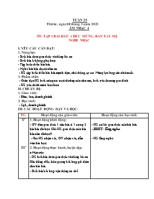 Giáo án Âm nhạc Lớp 4 - Tuần 25 - Ôn tập 2 bài hát Chúc mừng, bàn tay mẹ - Năm học 2022-2023 - Trần Thị Tuyết Như