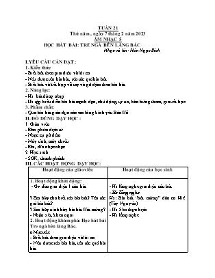 Giáo án Âm nhạc Lớp 5 - Học bài hát Tre ngà bên Lăng Bác - Năm học 2022-2023 - Trần Thị Tuyết Như
