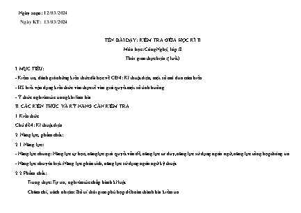 Giáo án Công nghệ Lớp 8 - Kiểm tra giữa học kì II - Năm học 2023-2024