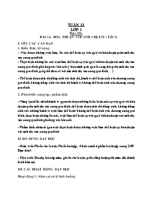 Giáo án Đạo đức Lớp 1 - Tuần 33 - Bài 16: Hòa thuận với anh chị em (Tiết 2) - Nguyễn Thu Hằng