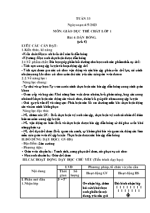 Giáo án Giáo dục thể chất Lớp 1 (Chân trời sáng tạo) - Tuần 33 - Bài 4: Dẫn bóng (Tiết 4) - Năm học 2022-2023 - Nguyễn Hồng Quân