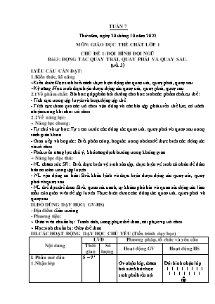 Giáo án Giáo dục thể chất Lớp 1 (Chân trời sáng tạo) - Tuần 7 - Chủ đề 1: Đội hình đội ngũ - Bài 3: Động tác quay trái, quay phải và quay sau (Tiết 3) - Trần Thị Quế Hương