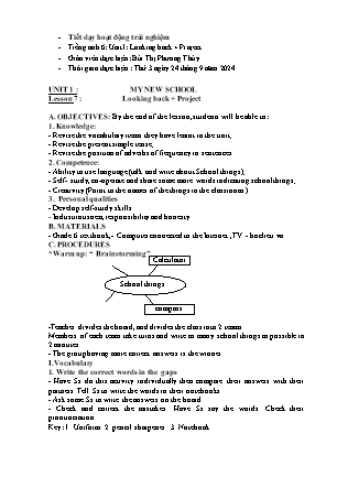 Giáo án Hoạt động trải nghiệm Tiếng Anh Lớp 6 - Unit 1: My new school - Lesson 7: Looking back + Project - Bùi Thị Phương Thúy