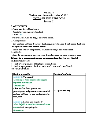 Giáo án Tiếng Anh Lớp 1 - Tuần 14 - Unit 4: In the bedroom - Lesson 2 - Hoàng Bích Như