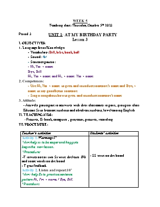 Giáo án Tiếng Anh Lớp 1 - Tuần 5 - Unit 1: At my birthday party - Lesson 3. Period 3 - Hoàng Bích Như