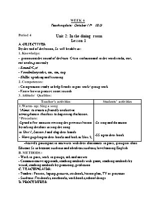 Giáo án Tiếng Anh Lớp 1 - Tuần 6 - Unit 2: In the dining room - Lesson 1. Period 4 - Năm học 2022-2023 - Trần Thị Kim Thoa