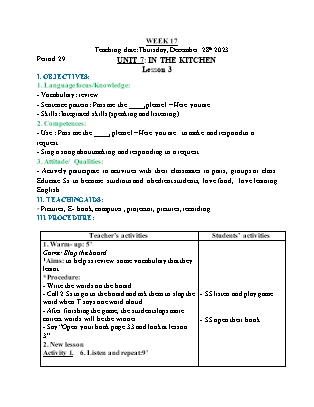 Giáo án Tiếng Anh Lớp 2 - Tuần 17 - Unit 7: In the kitchen - Lesson 3. Period 29 - Hoàng Bích Như