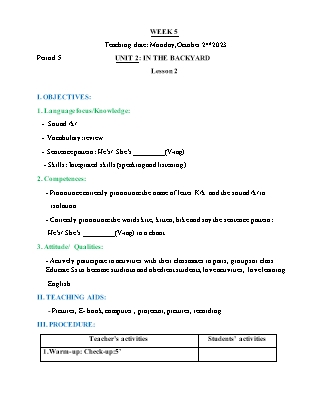 Giáo án Tiếng Anh Lớp 2 - Tuần 5 - Unit 2: In the backyard - Lesson 2. Period 5 - Hoàng Bích Như