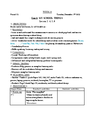 Giáo án Tiếng Anh Lớp 3 - Tuần 14 - Unit 8: My school things - Lesson 2. Period 53 - Hoàng Bích Như